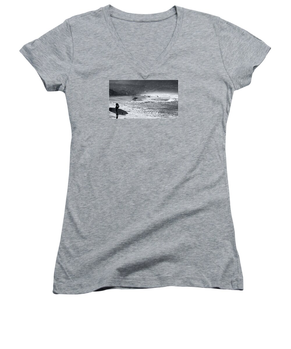 Surf Women's V-Neck featuring the photograph Waiting for the Surf by Mike-Hope by Michael Hope