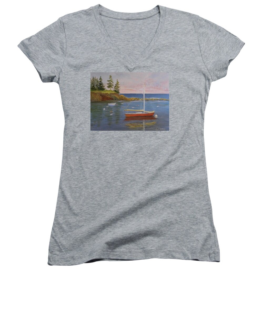 Sailboat Seascape Landscape Ocean Water Waves Sky Women's V-Neck featuring the painting Waiting For The Wind by Scott W White