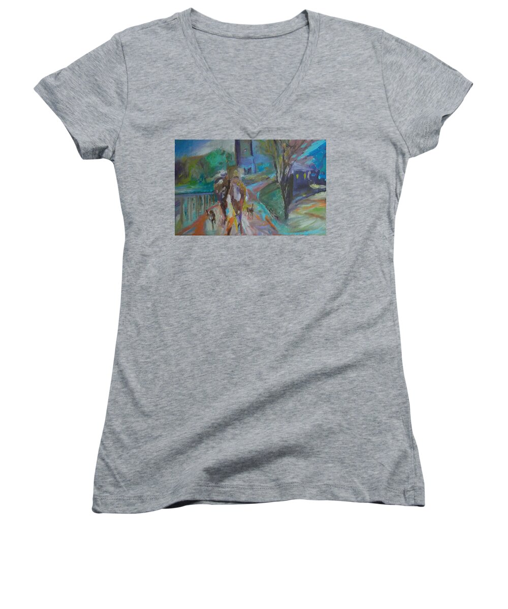 Cityscape Women's V-Neck featuring the painting Walkin the Dogs by Susan Esbensen