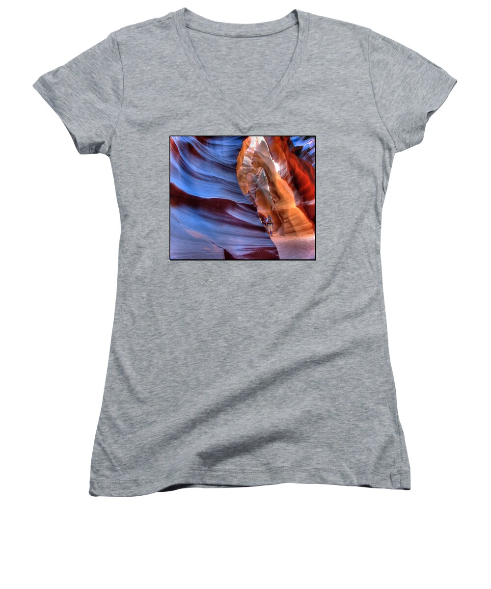 Antelope Women's V-Neck featuring the photograph Walking in Antelope Canyon by Farol Tomson
