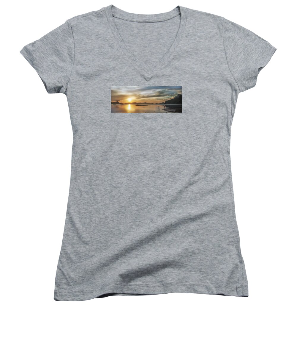 Asia Women's V-Neck featuring the photograph Walking in the Sun by John Swartz