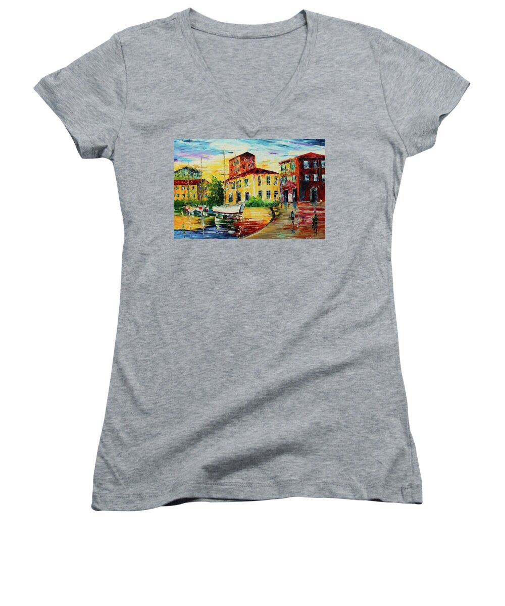 Caribbean House Women's V-Neck featuring the painting Walking the Harbor by Kevin Brown
