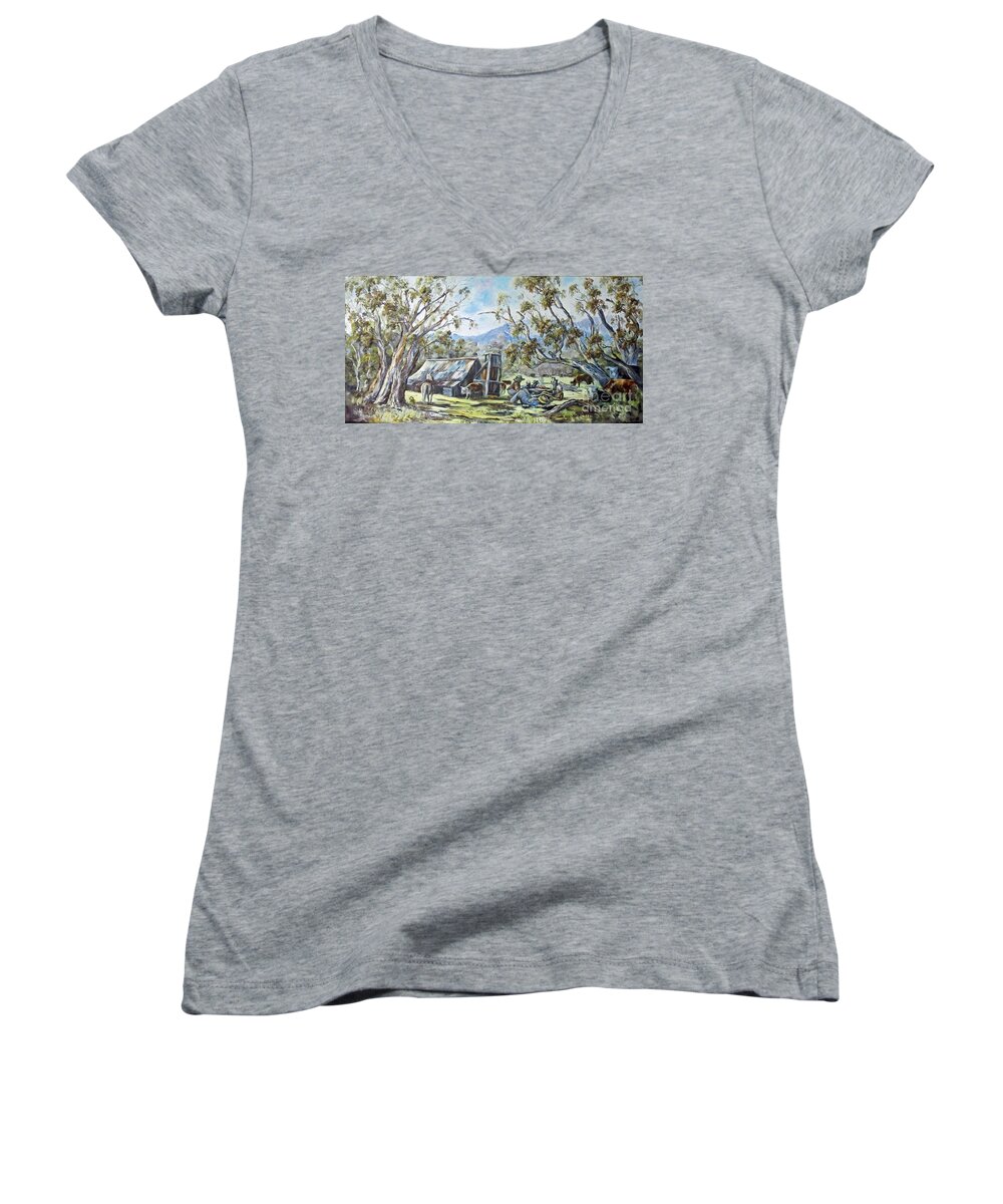 Wallace Hut Women's V-Neck featuring the painting Wallace Hut, Australia's Alpine National Park. by Ryn Shell