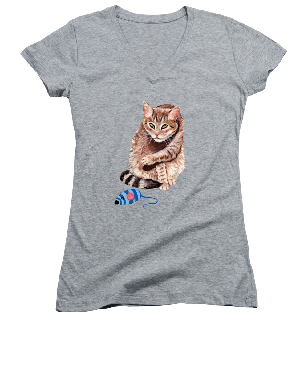 Cat Women's V-Neck featuring the painting Want to Play by Anastasiya Malakhova