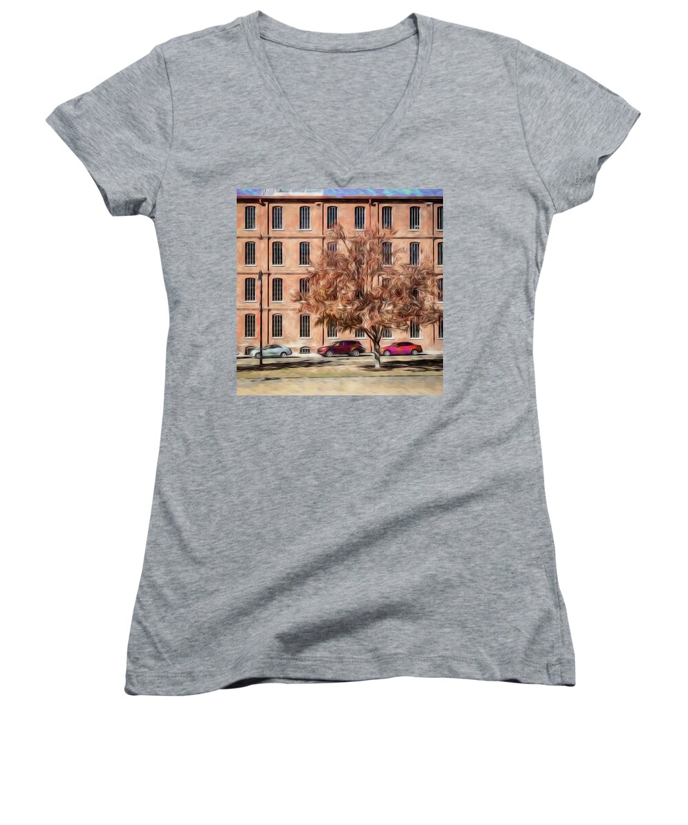 Durham Women's V-Neck featuring the photograph Warehouse with Tree by Wade Brooks