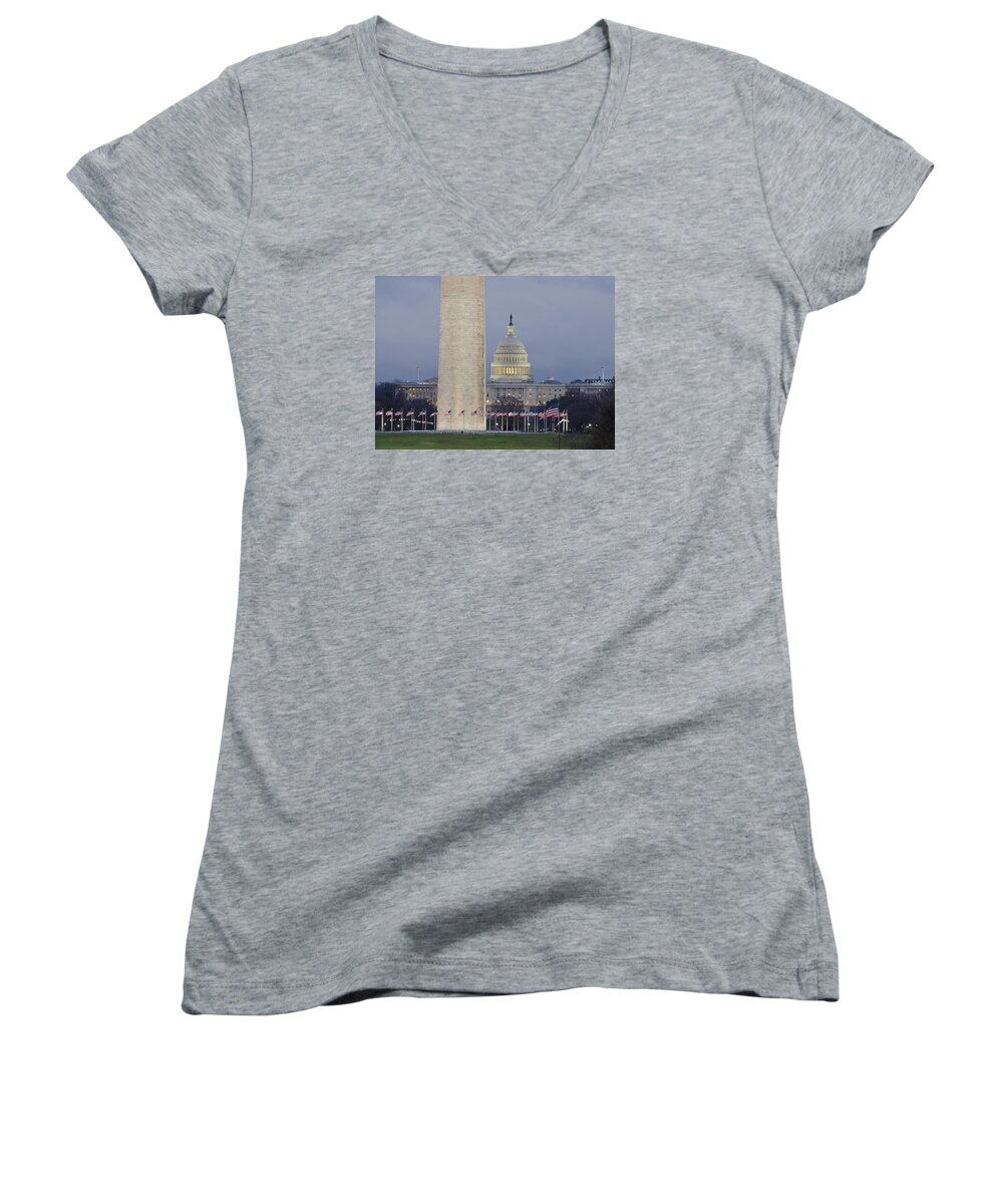washington Dc Women's V-Neck featuring the photograph Washington Monument and United States Capitol Buildings - Washington DC by Brendan Reals