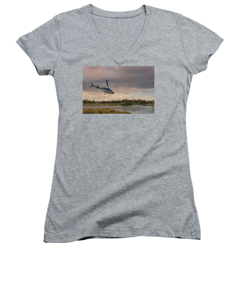 Plane Women's V-Neck featuring the photograph Water plane departing at sunset by Patricia Hofmeester