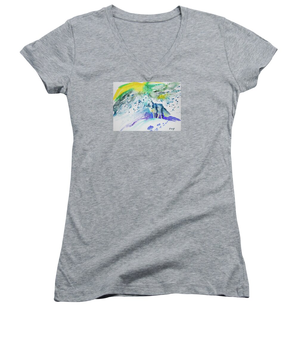 Arctic Fox Women's V-Neck featuring the painting Watercolor - Arctic Fox by Cascade Colors