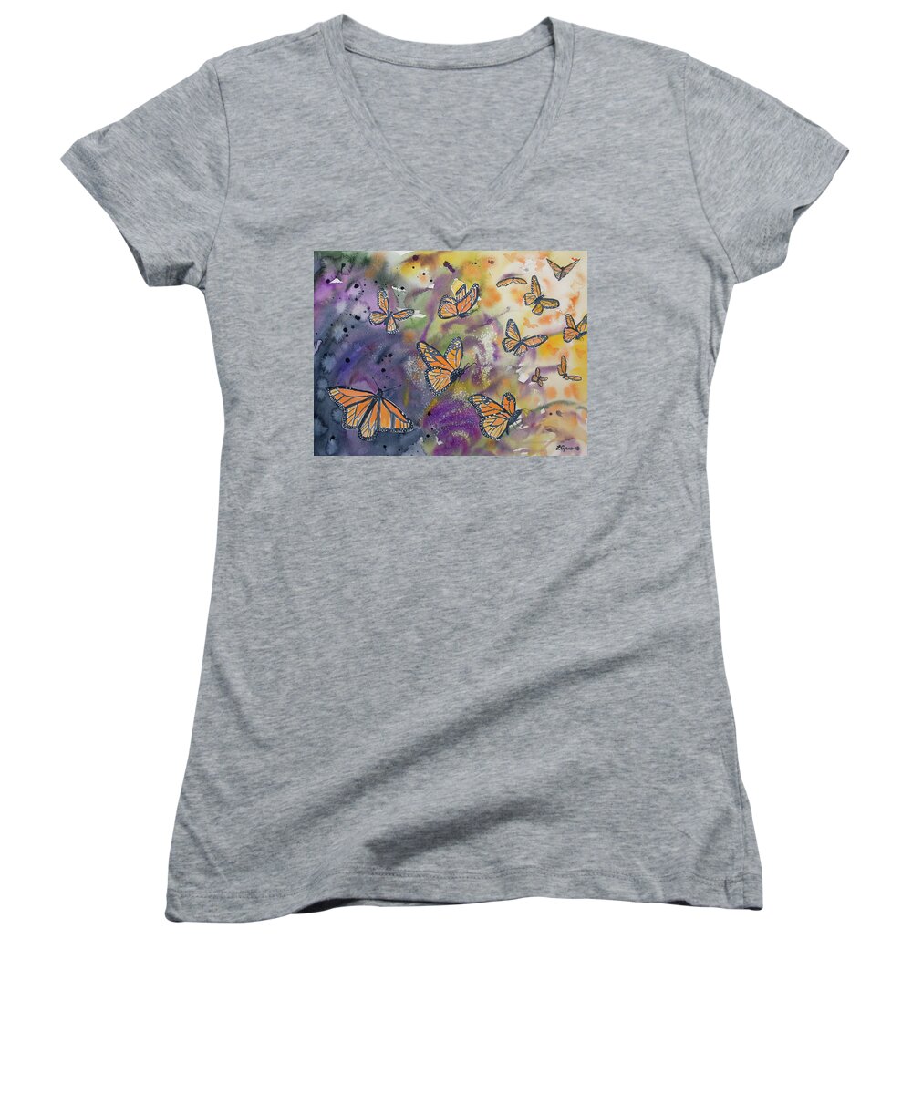 Monarch Women's V-Neck featuring the painting Watercolor- Monarchs in Flight by Cascade Colors