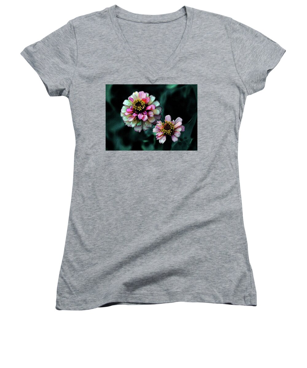 Watercolor Women's V-Neck featuring the photograph Watercolor Pink Zinnias and Smoke 2227 W_2 by Steven Ward