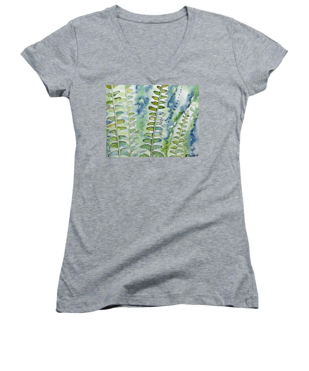 Fern Women's V-Neck featuring the painting Watercolor - Rainforest Fern Impressions by Cascade Colors