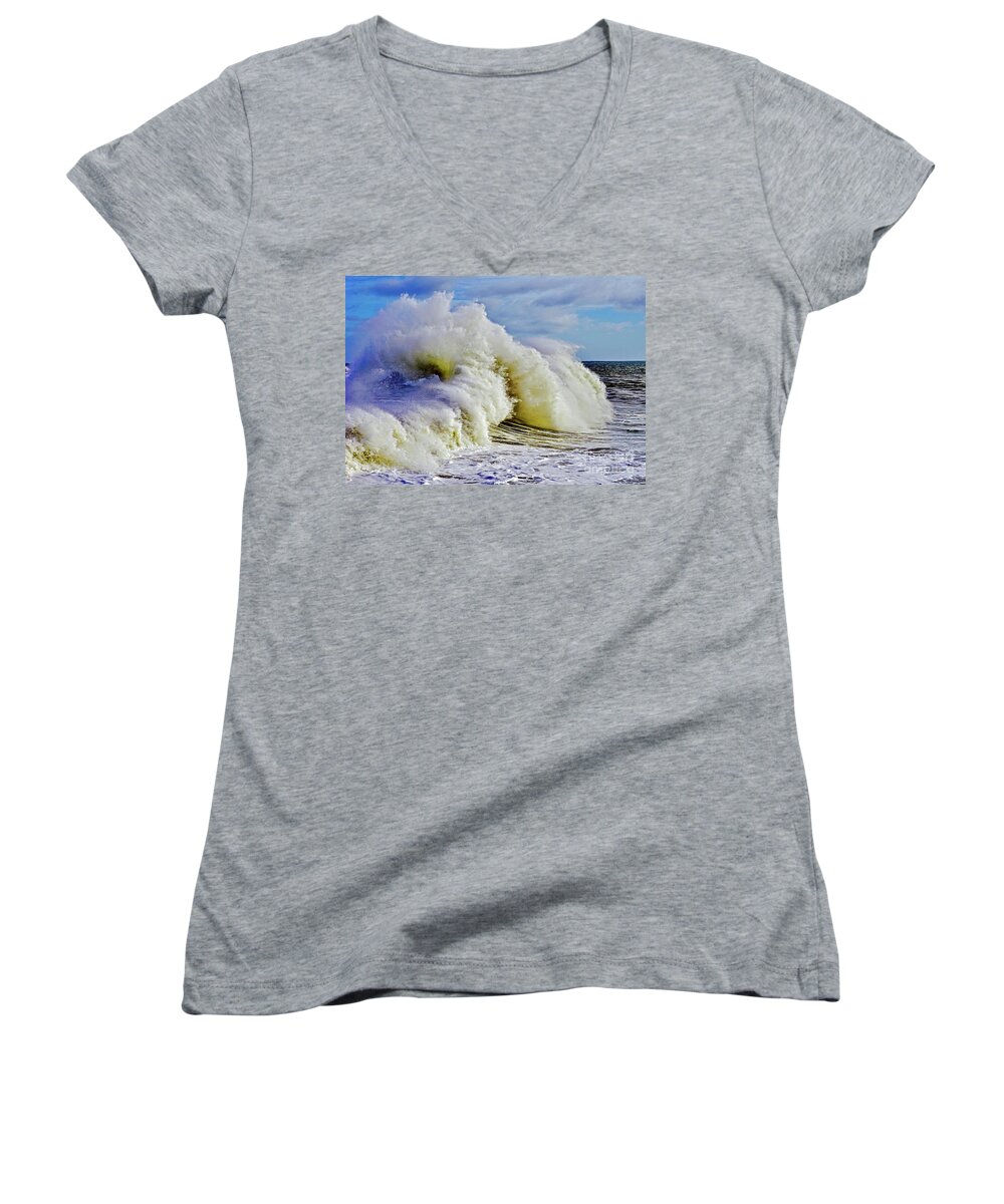 Wave Women's V-Neck featuring the photograph Moody Surf by Michael Cinnamond