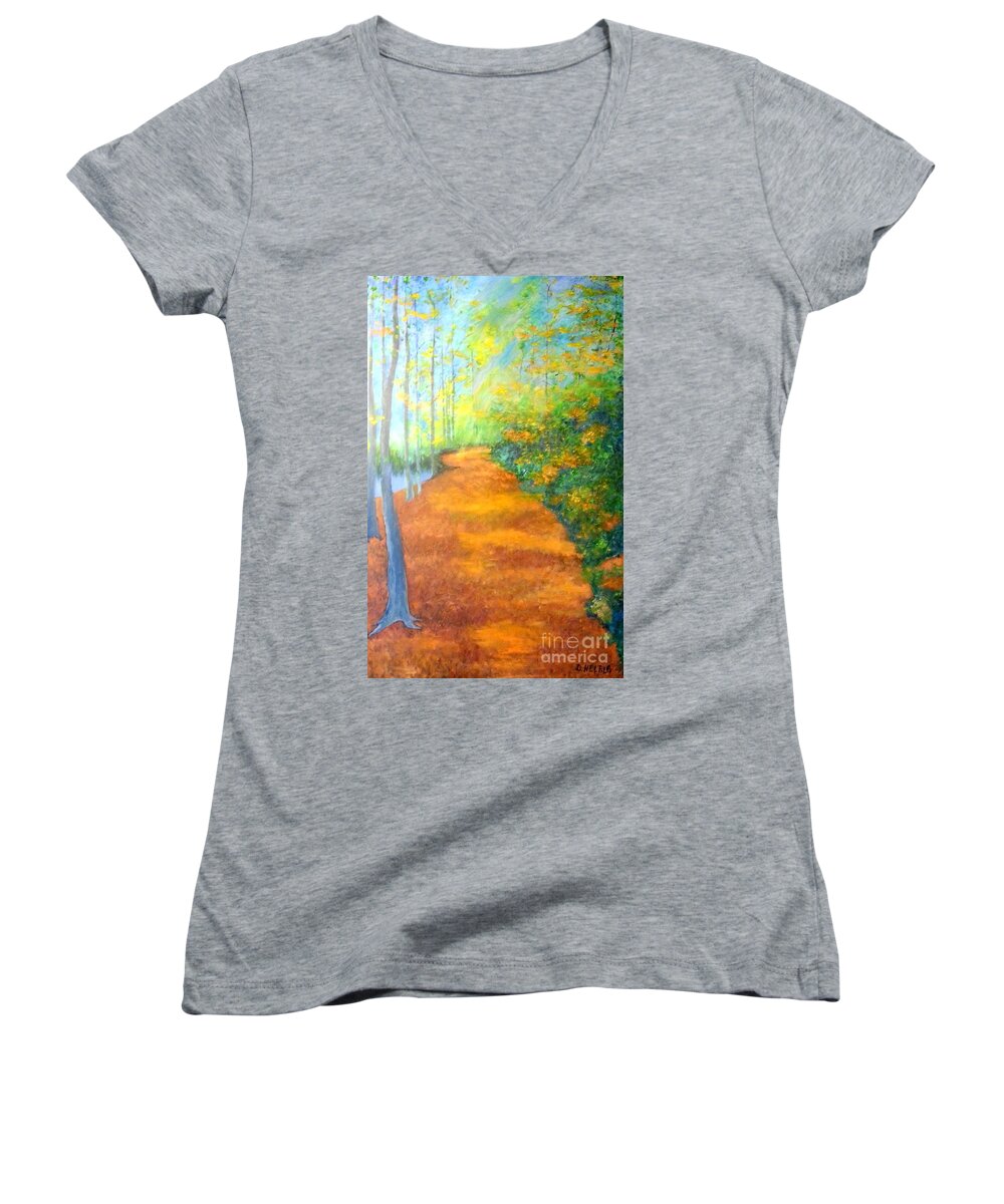 Impressionistic Work Women's V-Neck featuring the painting Way in the Forest by Dagmar Helbig