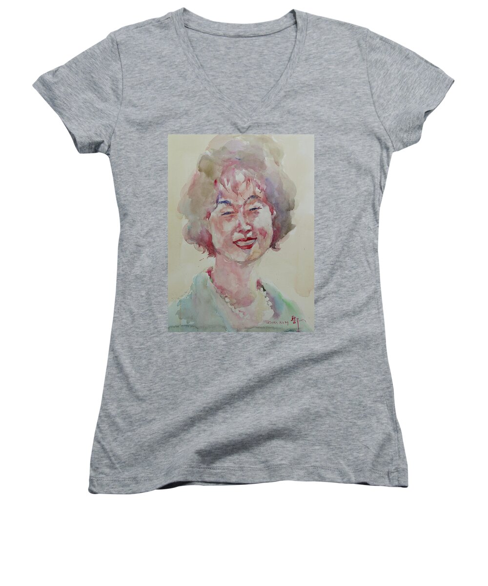 Watercolor Women's V-Neck featuring the painting WC Portrait 1627 My Sister Hyunju by Becky Kim