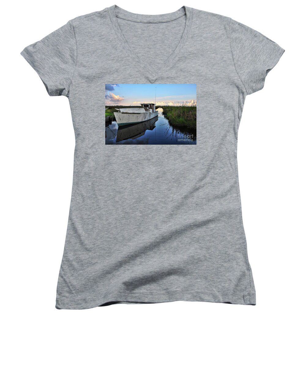 Boat Women's V-Neck featuring the photograph Weathered Reflection by Randy Rogers