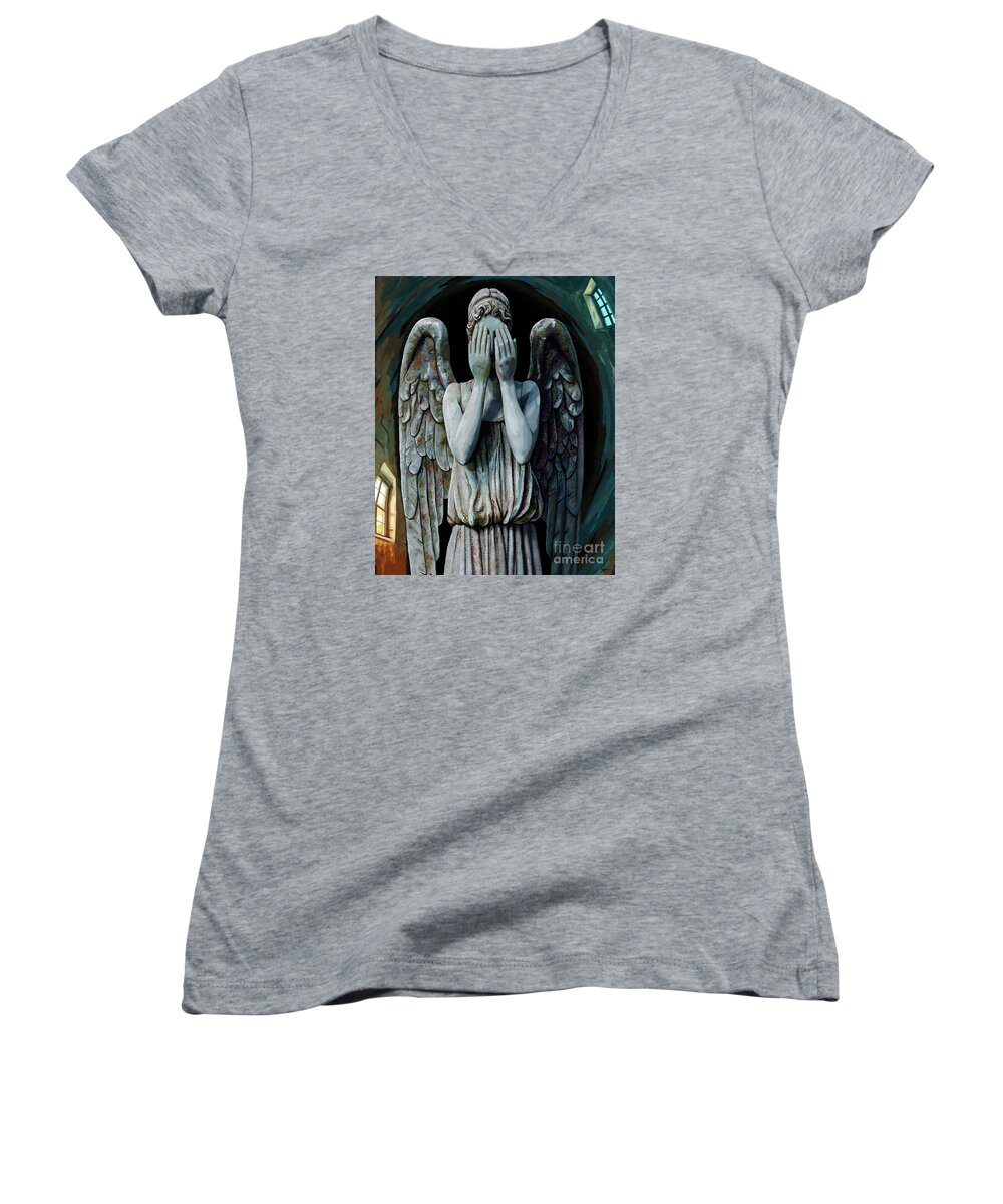 Angel Women's V-Neck featuring the painting Weeping Angel World by Jackie Case