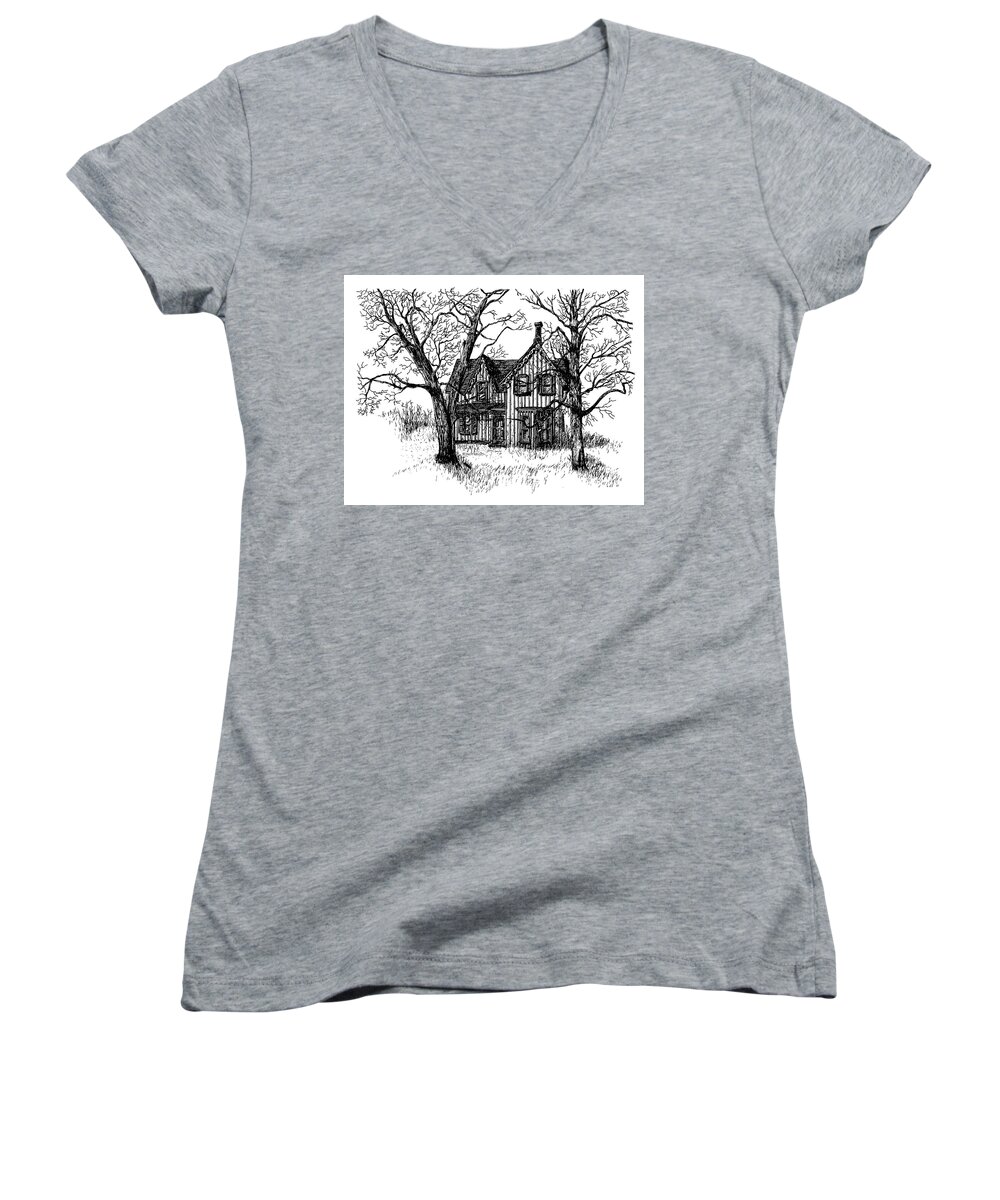 House Women's V-Neck featuring the drawing Westhill House 1 by Ron Haist