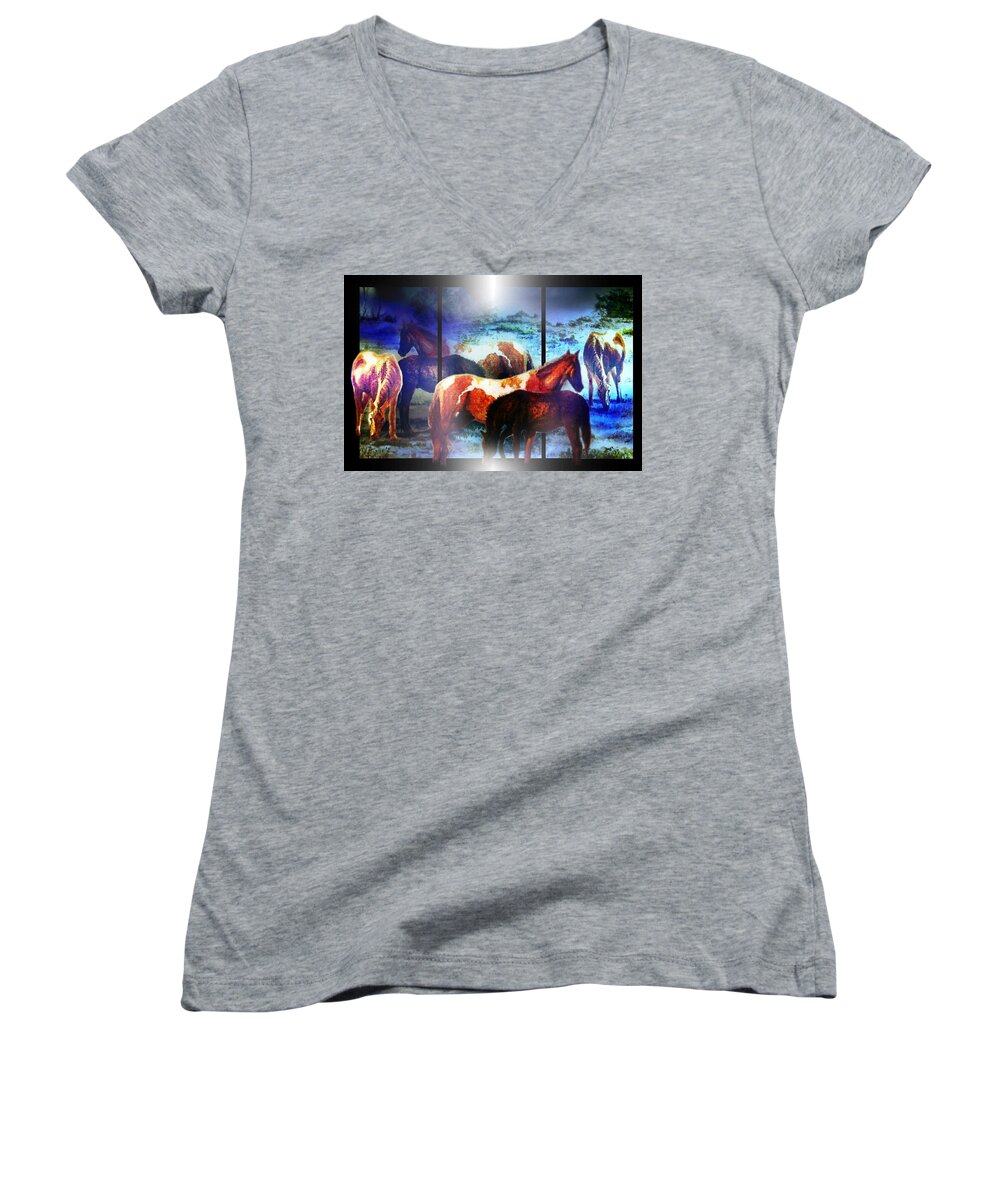 Horses Women's V-Neck featuring the mixed media What Horses Dream by Hartmut Jager