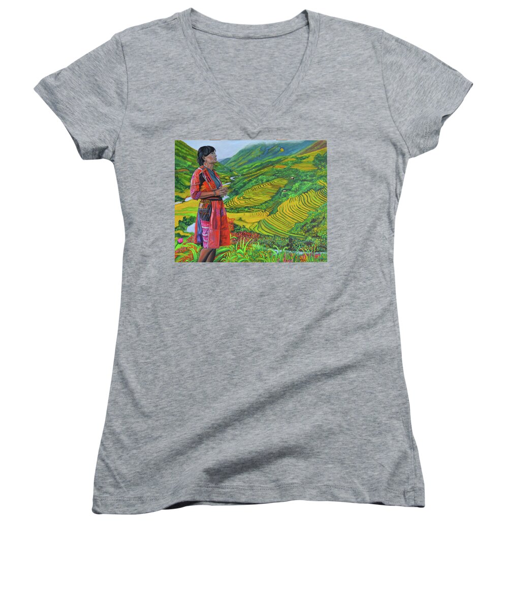 Hmong Woman Women's V-Neck featuring the painting What If by Thu Nguyen