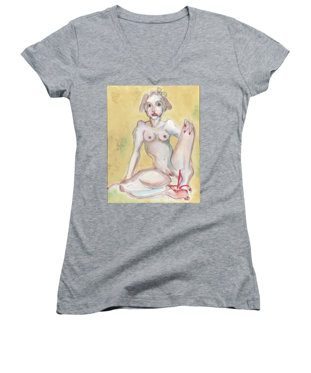 Self Portrait Women's V-Neck featuring the painting What It Was Really Like - self portrait by Carolyn Weltman