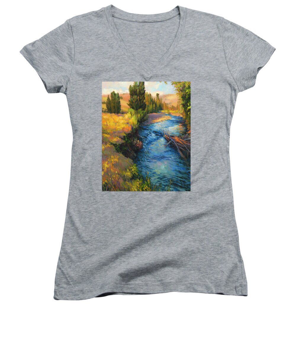 River Women's V-Neck featuring the painting Where the River Bends by Steve Henderson