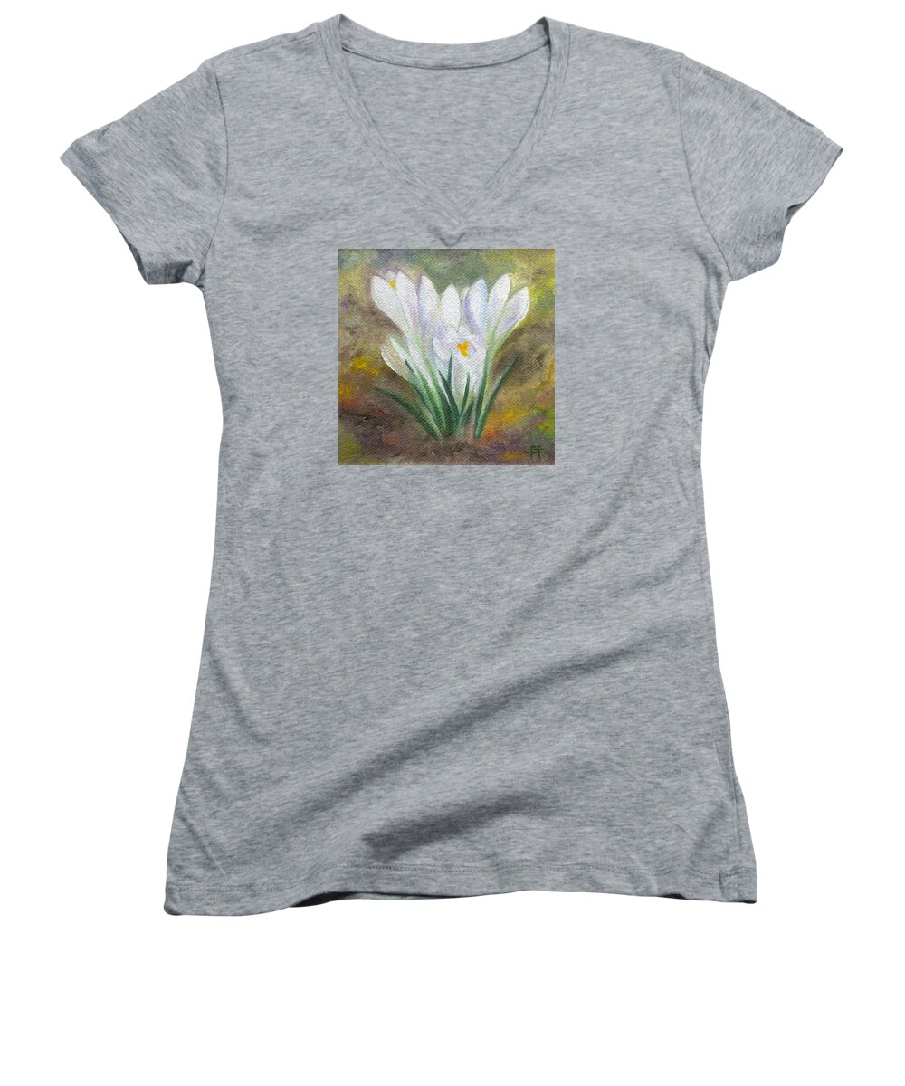 Bulbs Women's V-Neck featuring the painting White Crocus by FT McKinstry