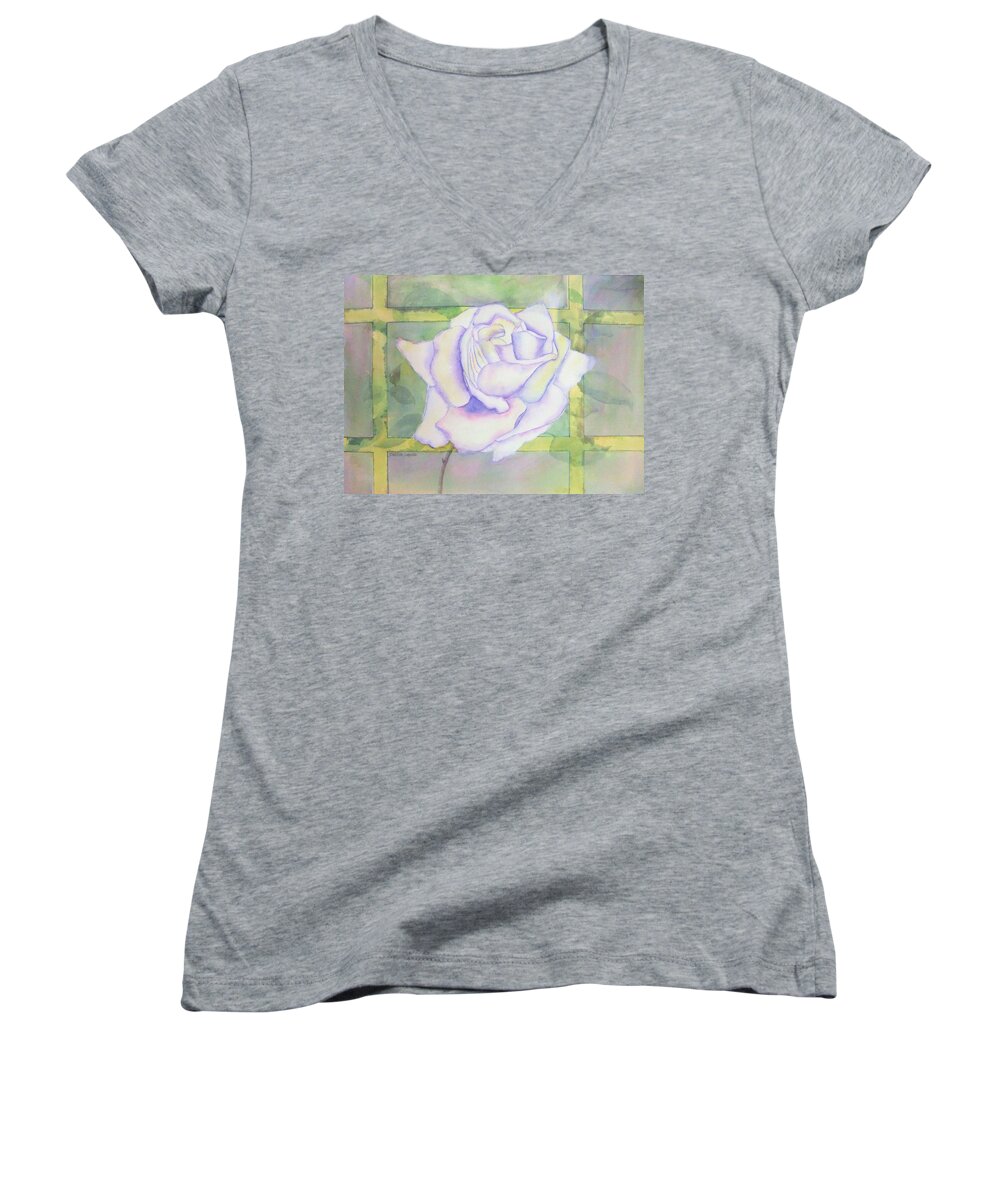 Watercolor Women's V-Neck featuring the painting White Rose by Debbie Lewis