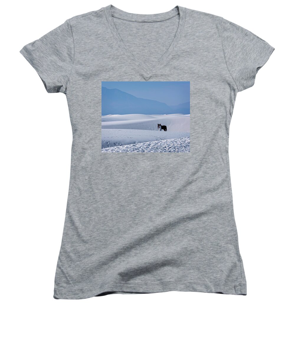White Sands Women's V-Neck featuring the photograph White Sands Horse and Rider #5b by Walter Herrit