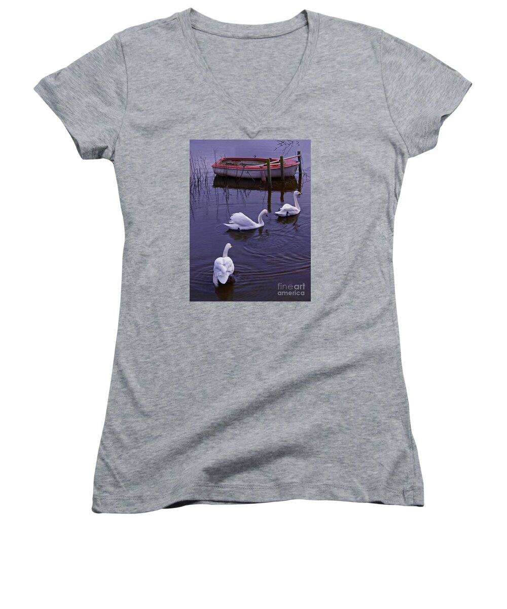 Swan Women's V-Neck featuring the photograph Whooper swans on river by Martyn Arnold