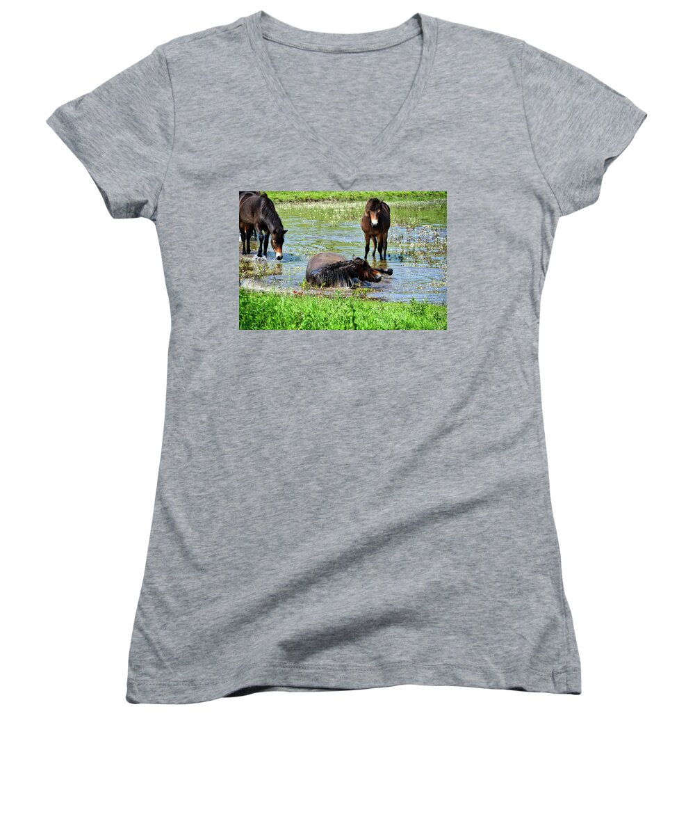 Nature Women's V-Neck featuring the photograph Wild Horses 3 by Ingrid Dendievel