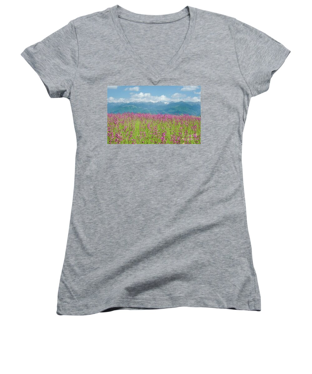 Farm Women's V-Neck featuring the photograph Wildflower Meadows and the Carpathian Mountains, Romania by Perry Rodriguez