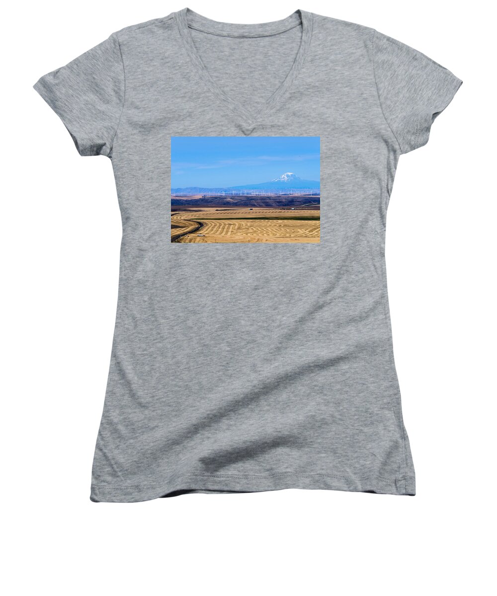 Wind Farm Women's V-Neck featuring the photograph Wind and Wheat by Tom Potter
