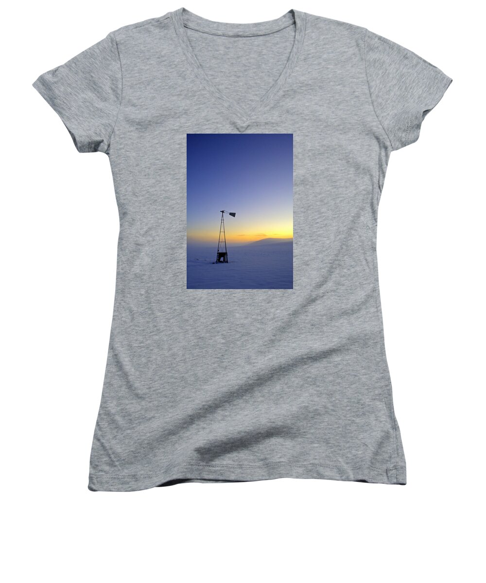 Outdoors Women's V-Neck featuring the photograph Windmill Winter Sunset by Doug Davidson
