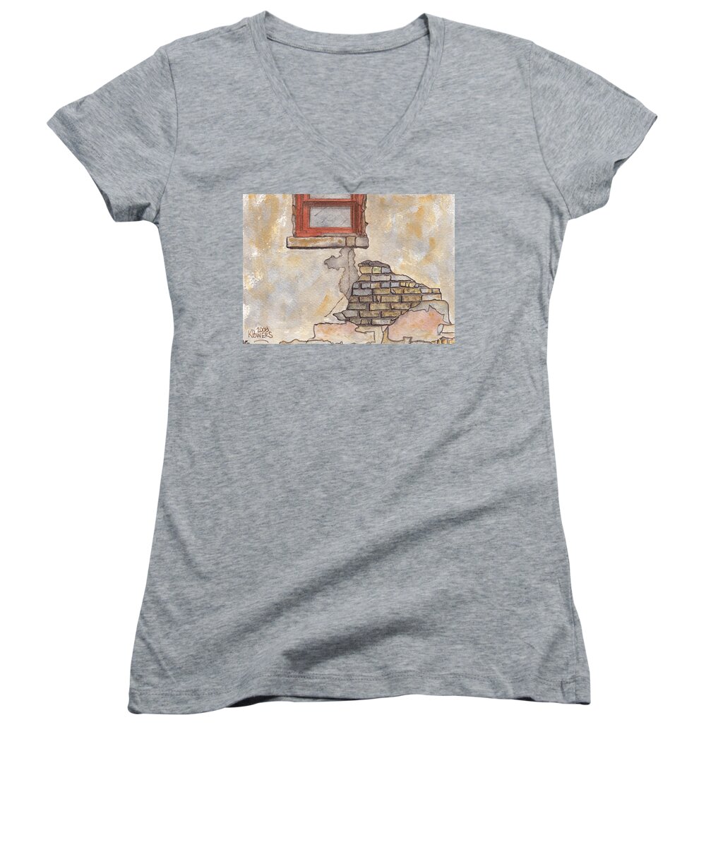 Window Women's V-Neck featuring the painting Window with Crumbling Plaster by Ken Powers