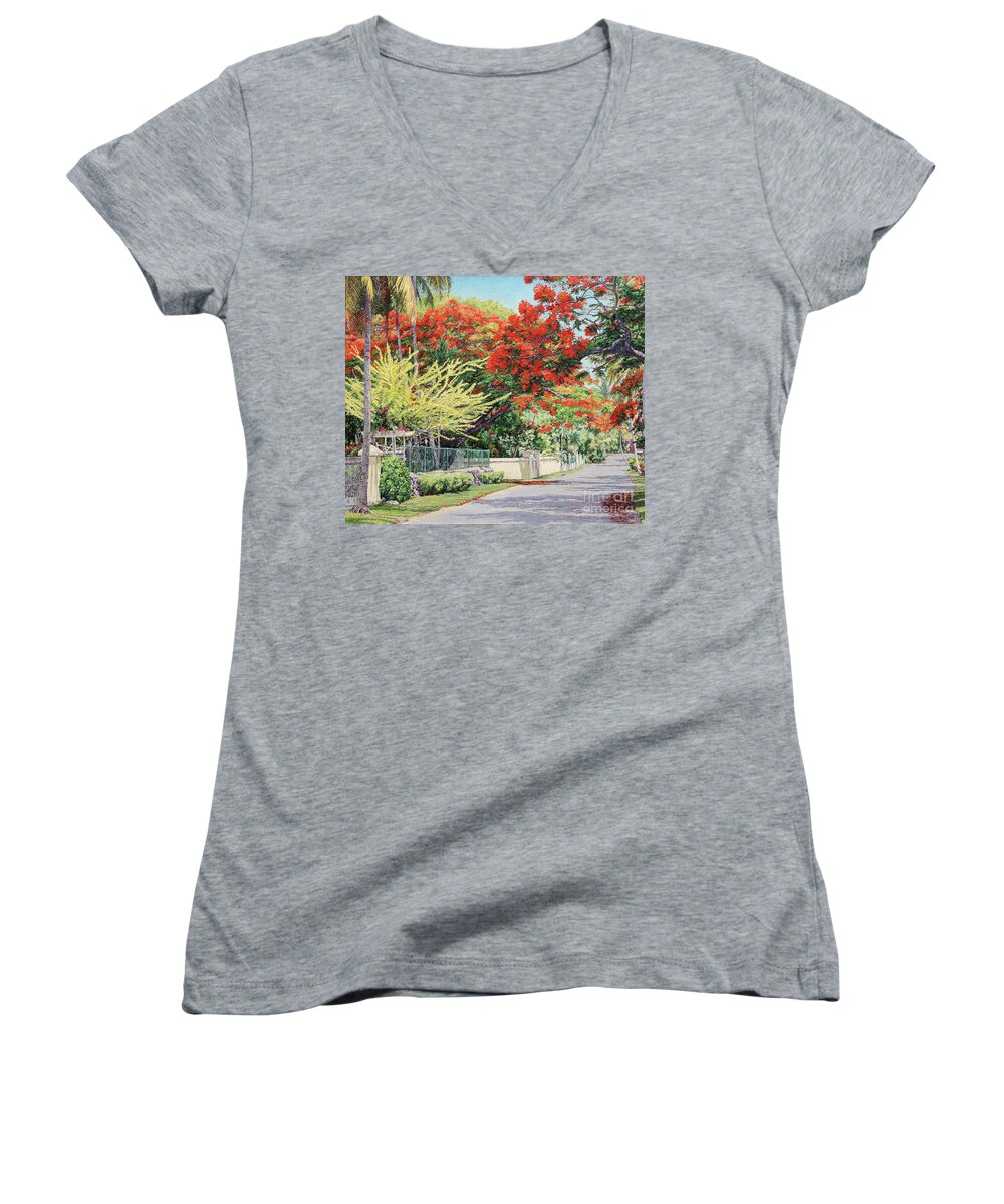 Eddie Women's V-Neck featuring the painting Windsor Avenue by Eddie Minnis