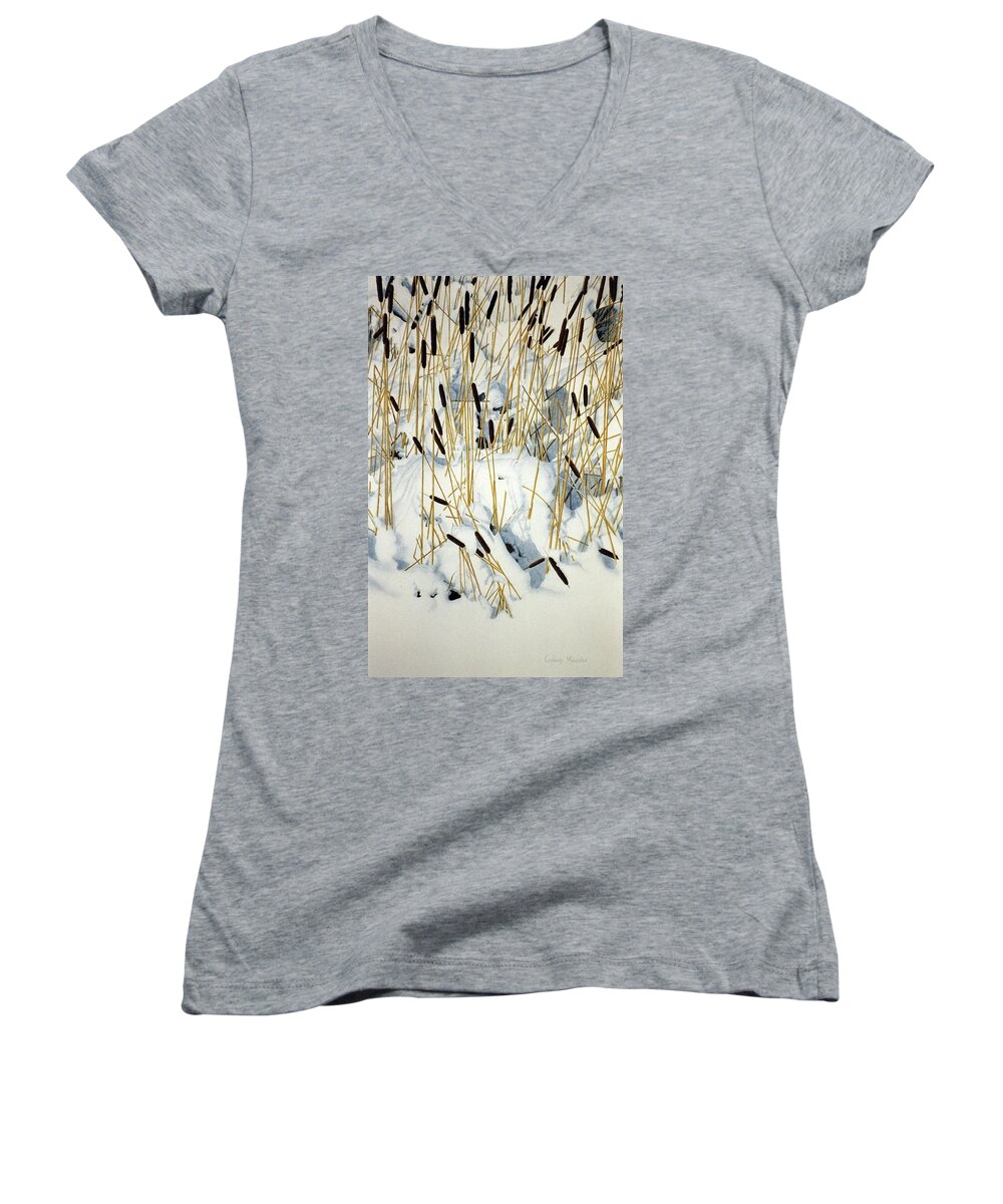 Cattails Women's V-Neck featuring the painting Winter Cattails by Conrad Mieschke