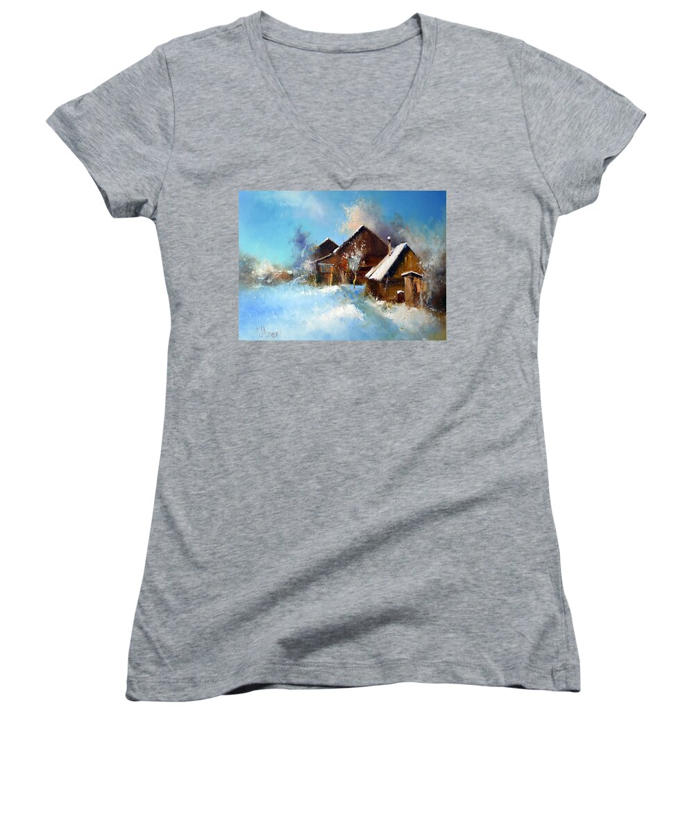 Russian Artists New Wave Women's V-Neck featuring the painting Winter Cortyard by Igor Medvedev