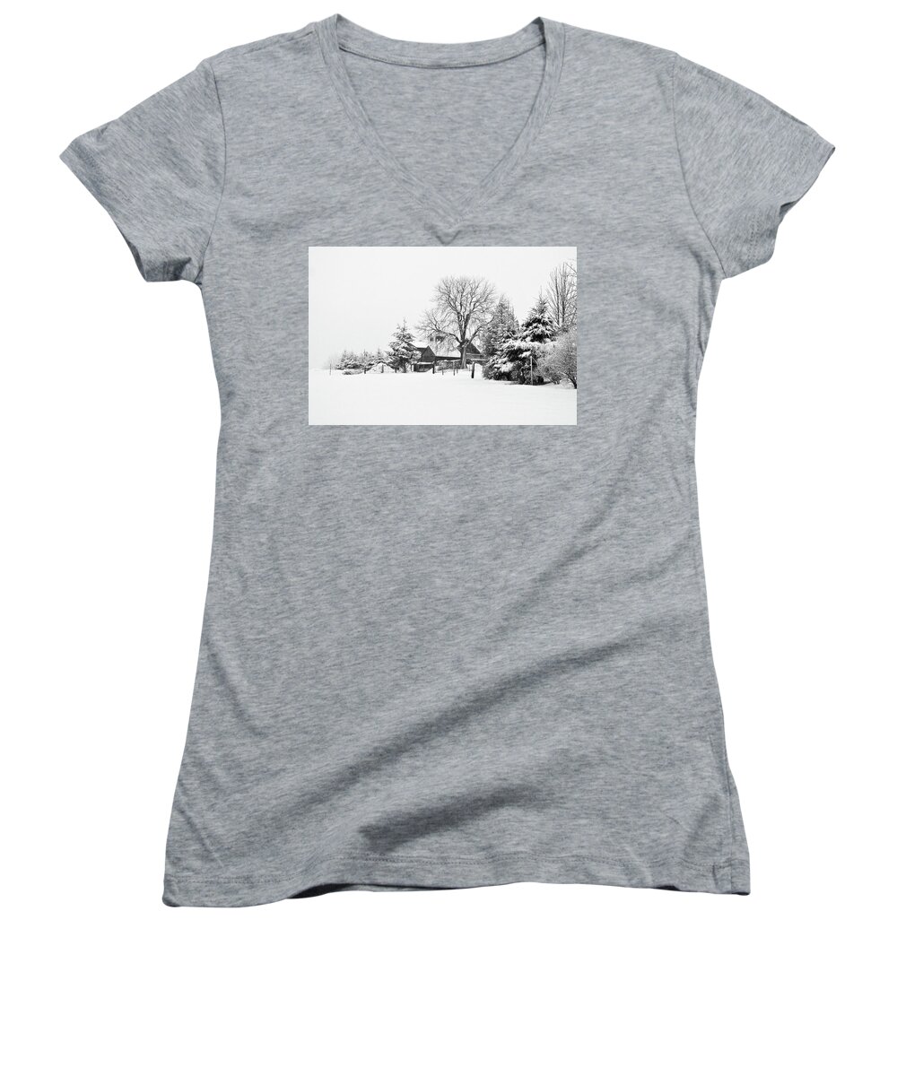 Winter Women's V-Neck featuring the photograph Winter in Black and White Fleckl, Germany 2 by Tatiana Travelways