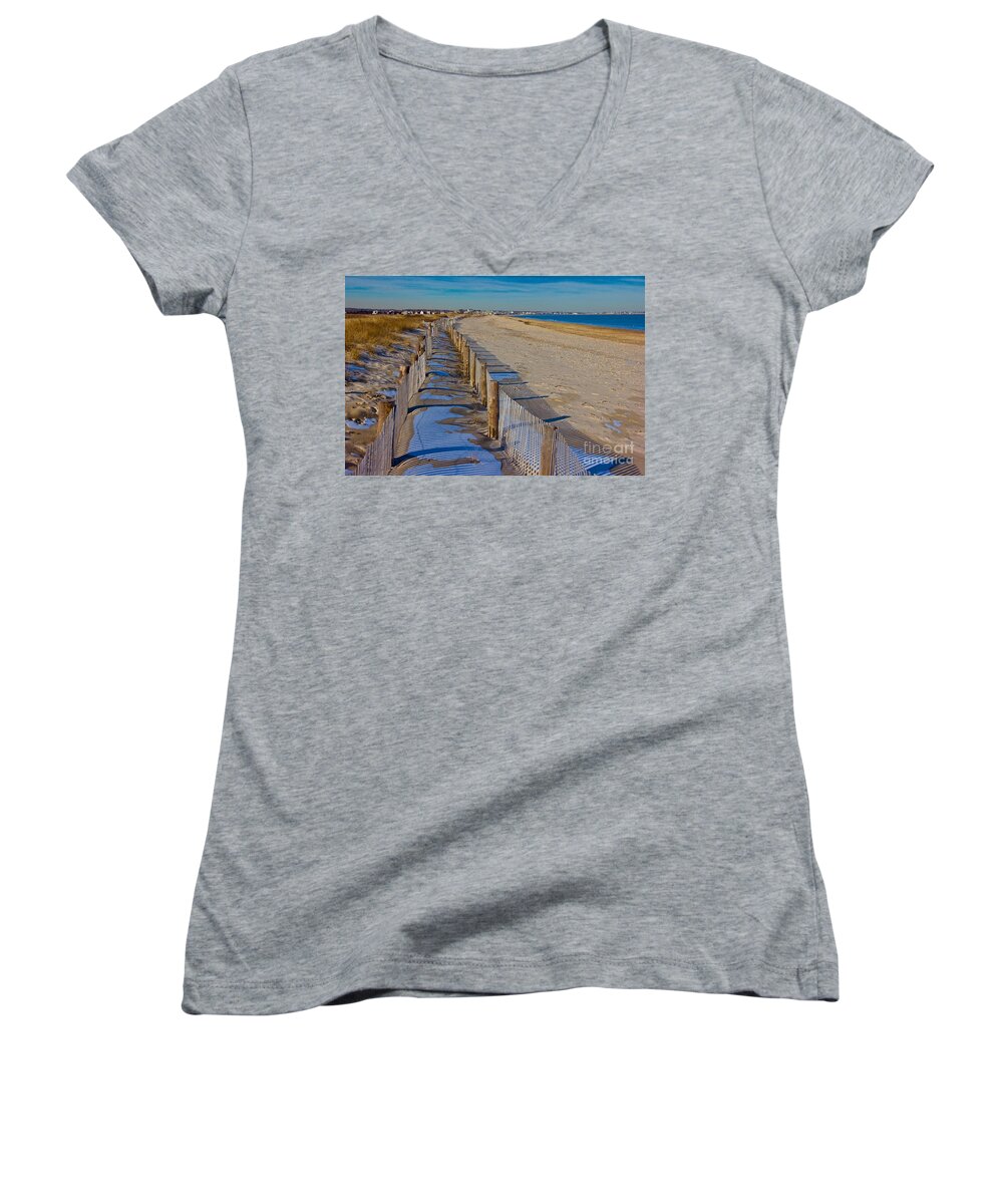 Winter Women's V-Neck featuring the photograph Winter on Duxbury Beach by Amazing Jules