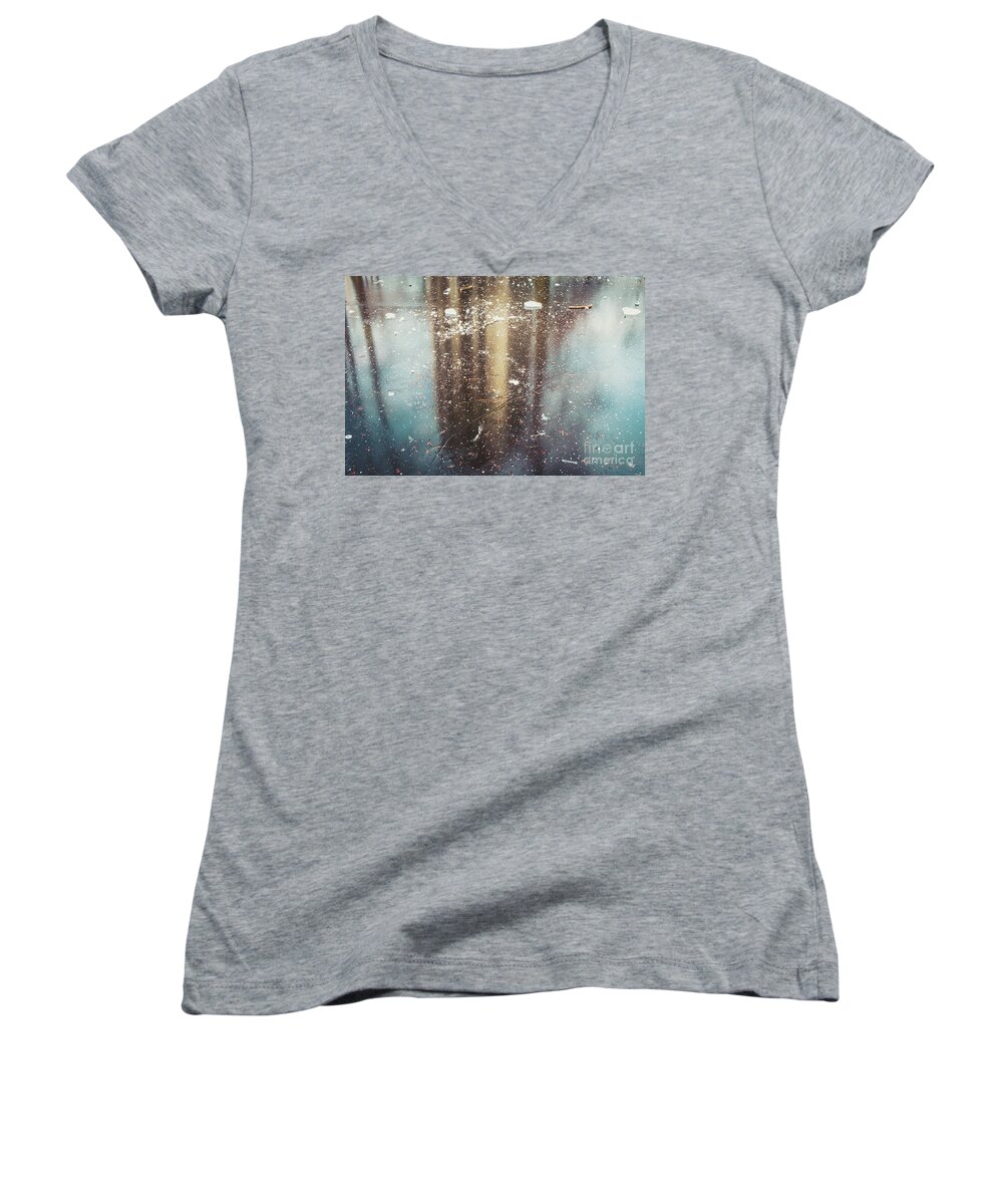 Winter Pond And Reflections By Marina Usmanskaya Women's V-Neck featuring the photograph Winter pond and reflections by Marina Usmanskaya
