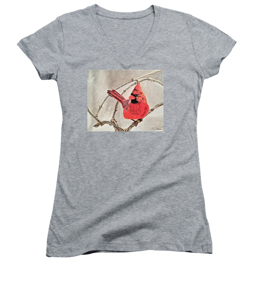 Cardinal Women's V-Neck featuring the painting Winter Sentinal by Sonja Jones