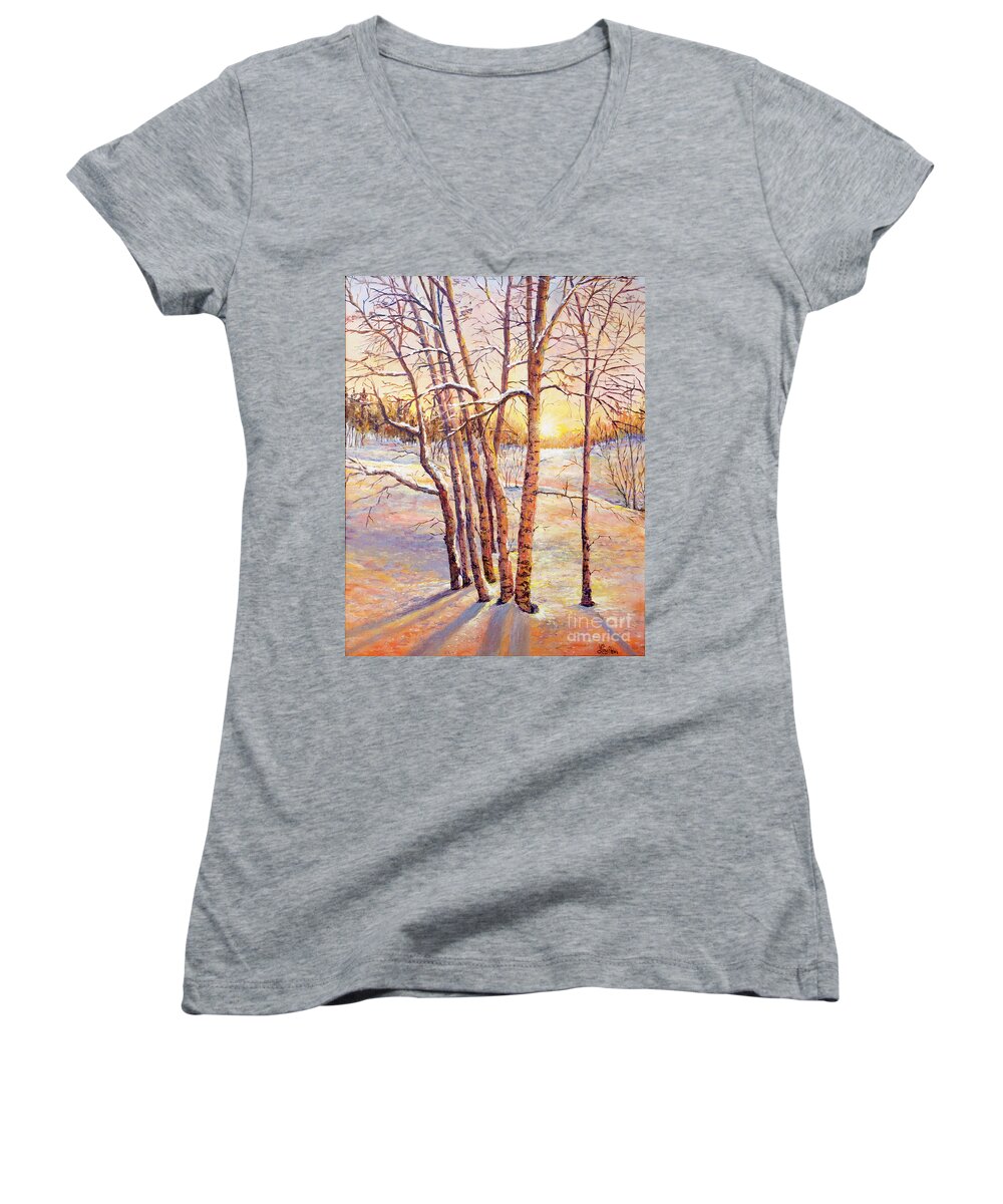 Winter Women's V-Neck featuring the painting Winter Trees Sunrise by Lou Ann Bagnall