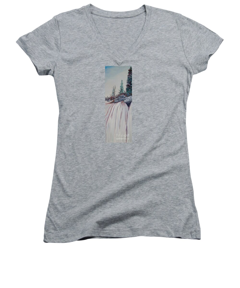 Waterfall Women's V-Neck featuring the painting Winter waterfall by Marilyn McNish