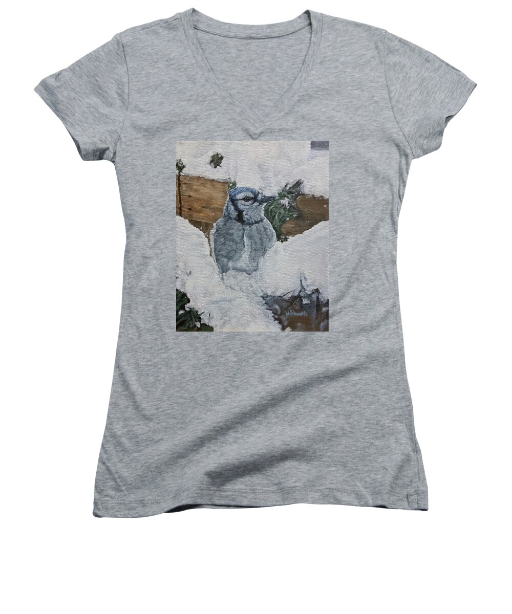 Blue Jay Women's V-Neck featuring the painting Winters Greeting by Wendy Shoults