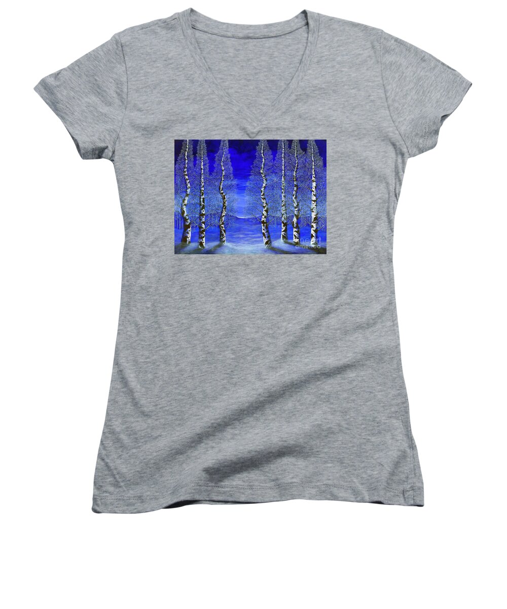 Rebecca Women's V-Neck featuring the painting Winters Raven Aspen by Rebecca Parker