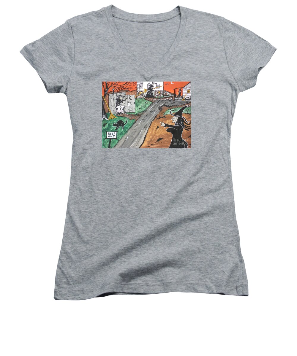  Halloween Women's V-Neck featuring the painting Witches Outhouse by Jeffrey Koss