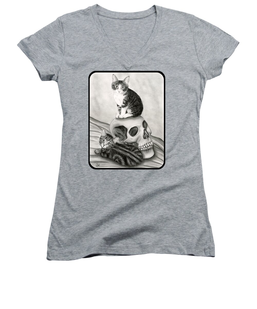 Tabby Cat Women's V-Neck featuring the drawing Witch's Kittens by Carrie Hawks
