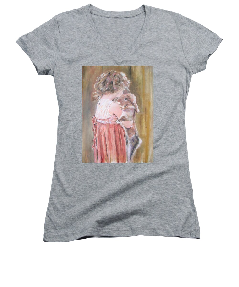 Portrait Women's V-Neck featuring the painting With affection by Khalid Saeed