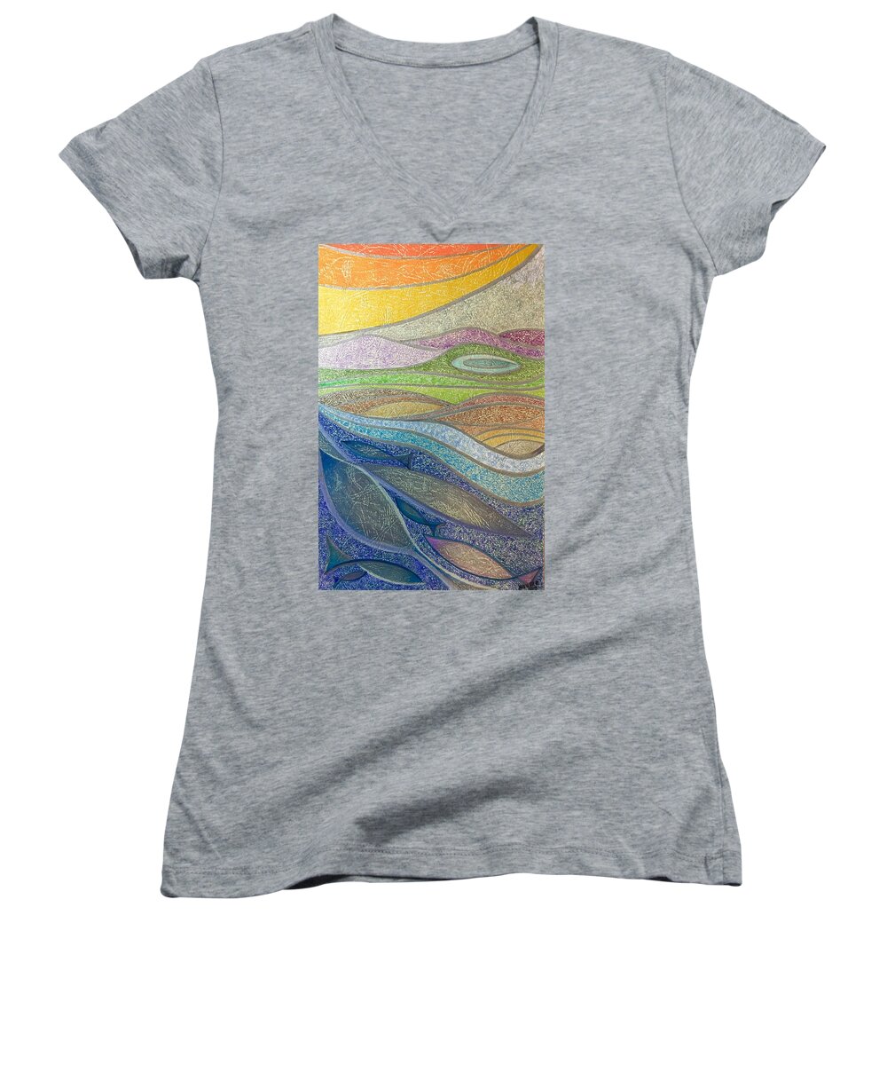 Colored Pencils Women's V-Neck featuring the mixed media With the flow by Norma Duch