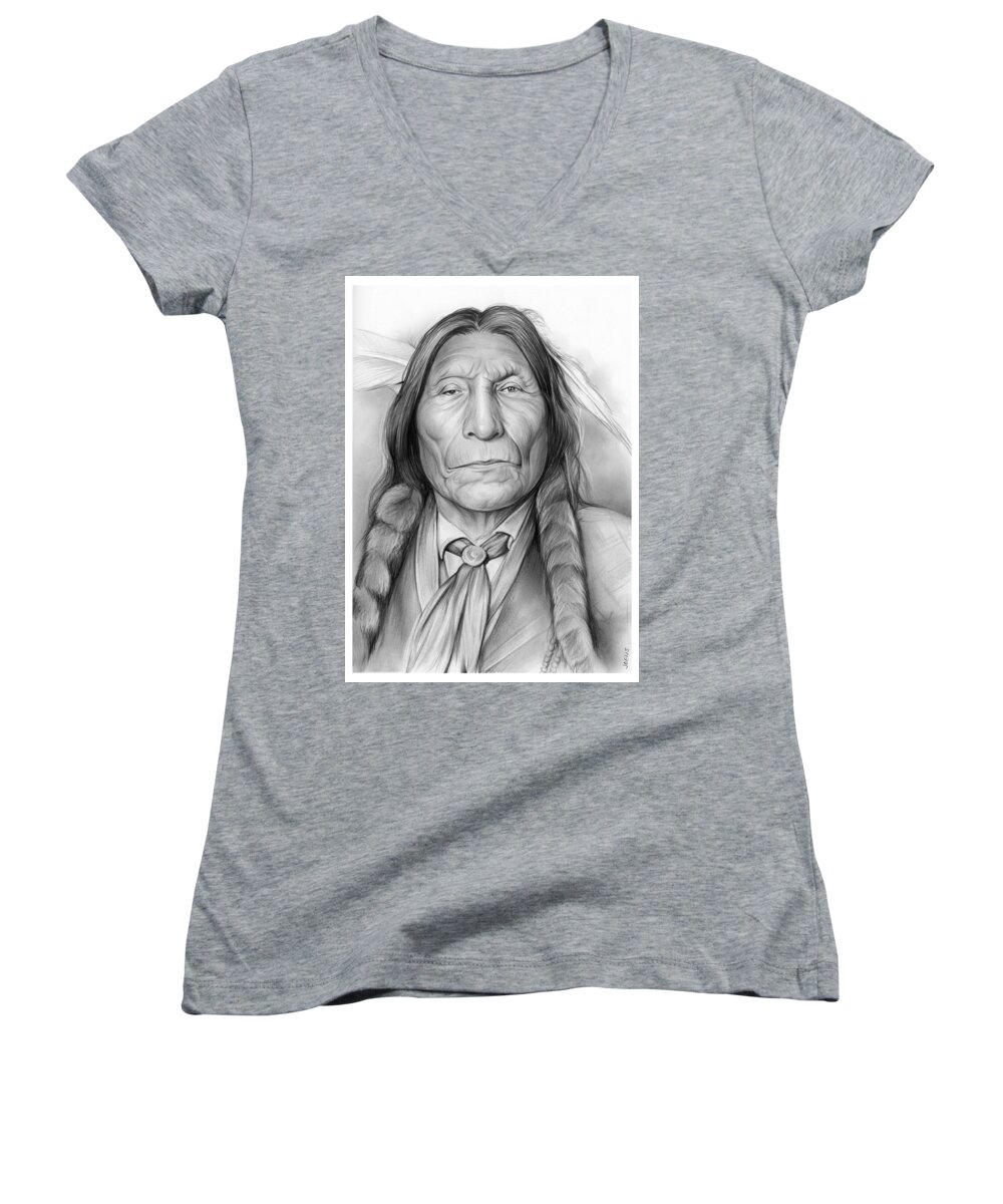 American Indian Women's V-Neck featuring the drawing Wolf Robe by Greg Joens